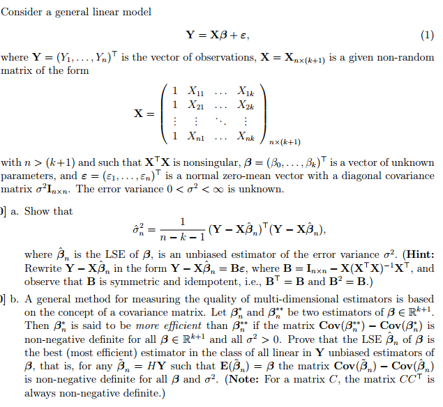 Solved Consider a general linear model Y = X beta + | Chegg.com