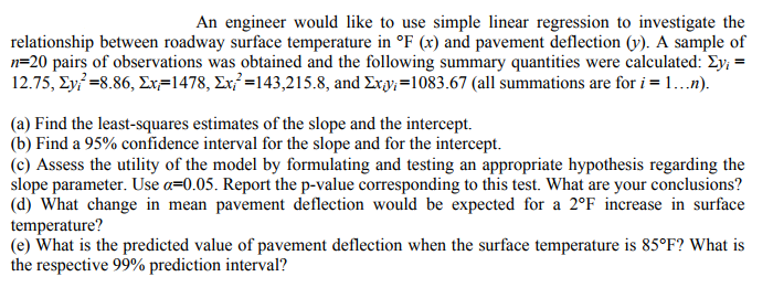 Solved An engineer would like to use simple linear | Chegg.com