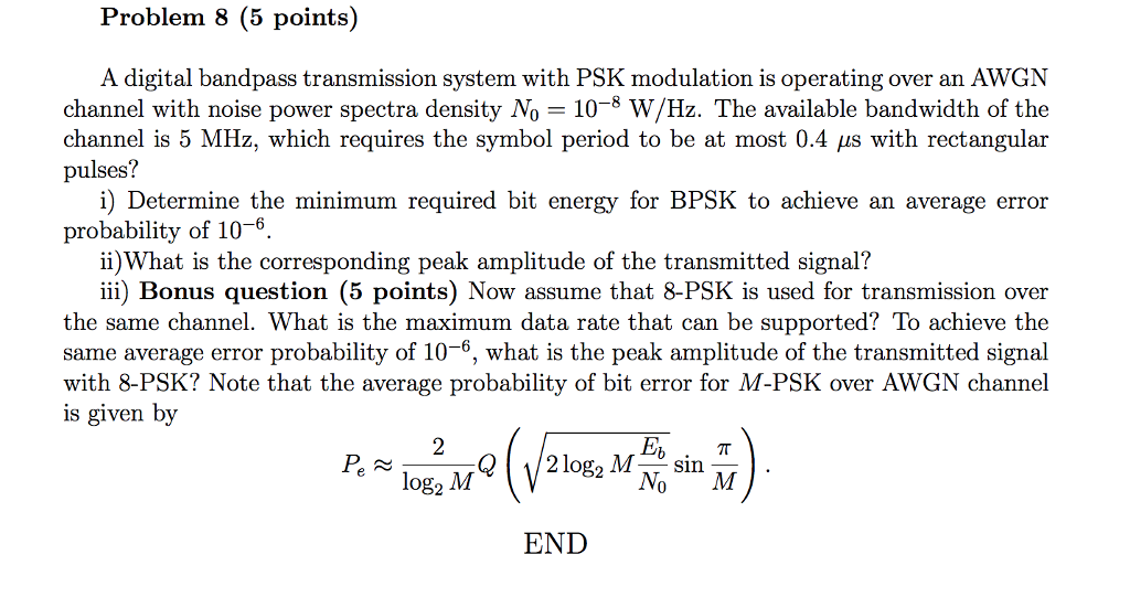 Solved Problem 8 (5 points) A digital bandpass transmission | Chegg.com