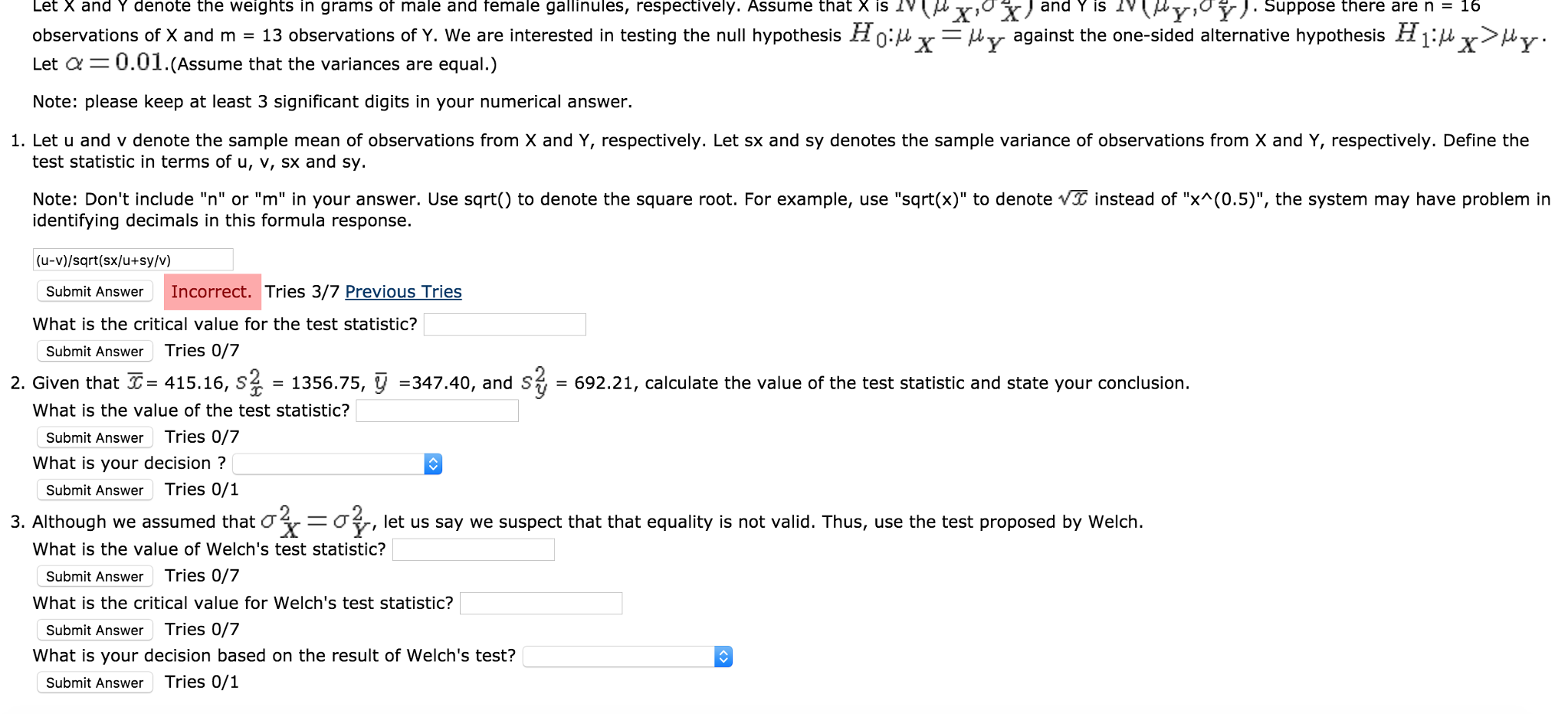 Solved Let u and v denote the sample mean of observations | Chegg.com