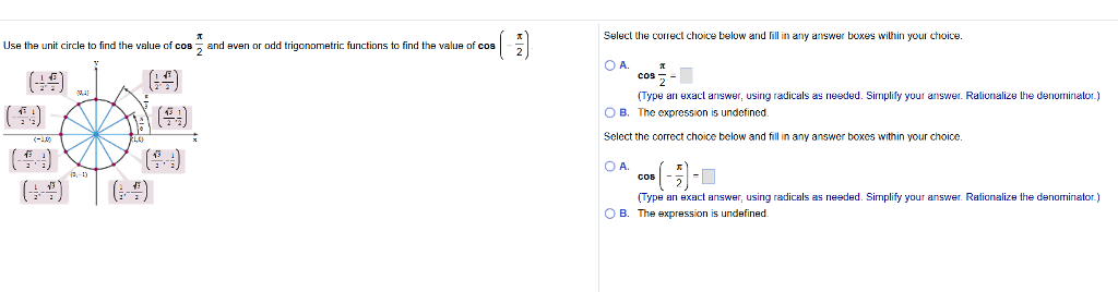 Use the unit circle to find the value of cos pi/2 and | Chegg.com