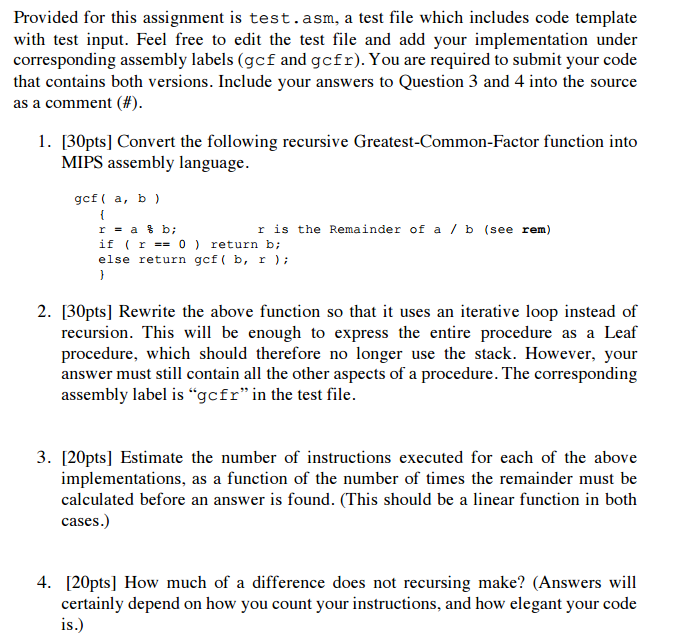 Provided for this assignment is test.asm, a test file | Chegg.com