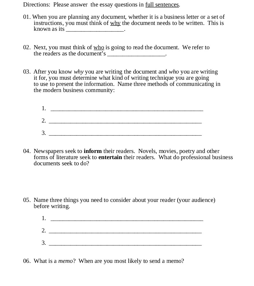 sample questions for an essay