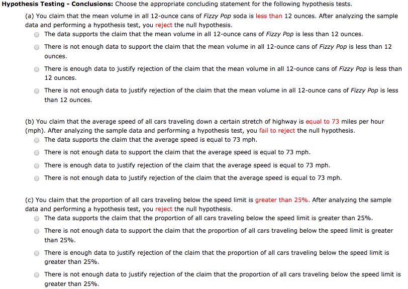 Solved Hypothesis Testing Conclusions Choose the