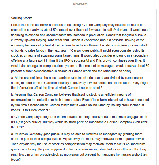 Solved Valuing Stocks Recall that if the economy continues | Chegg.com