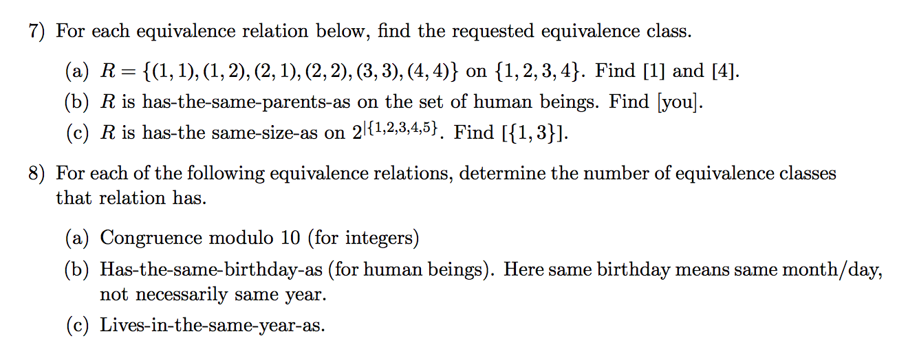 Solved For each equivalence relation below, find the | Chegg.com