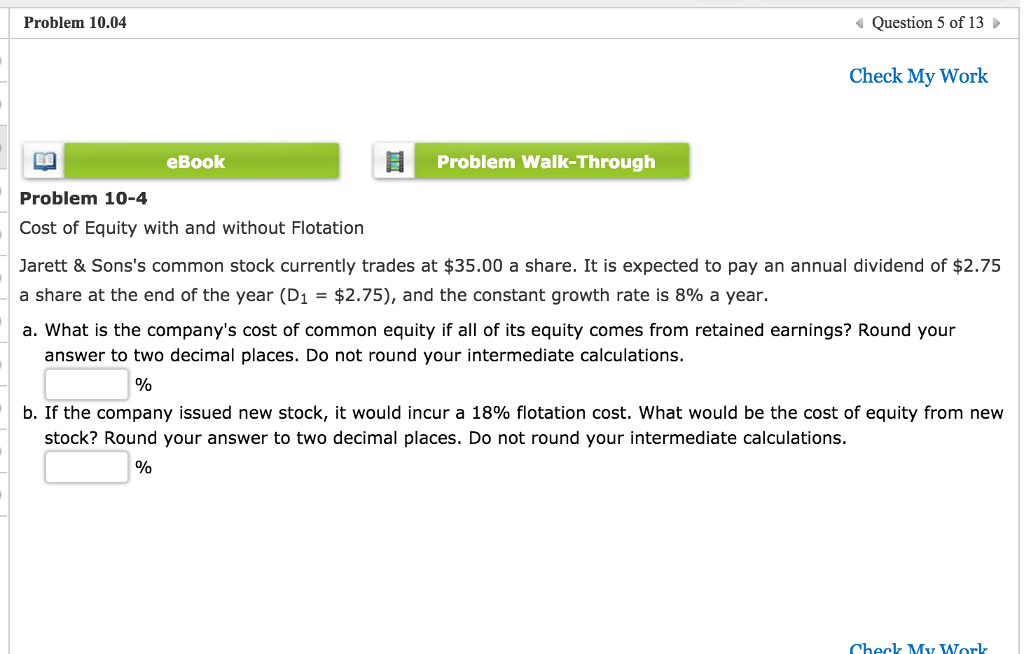 Solved Cost Of Equity With And Without Flotation Jarett & | Chegg.com