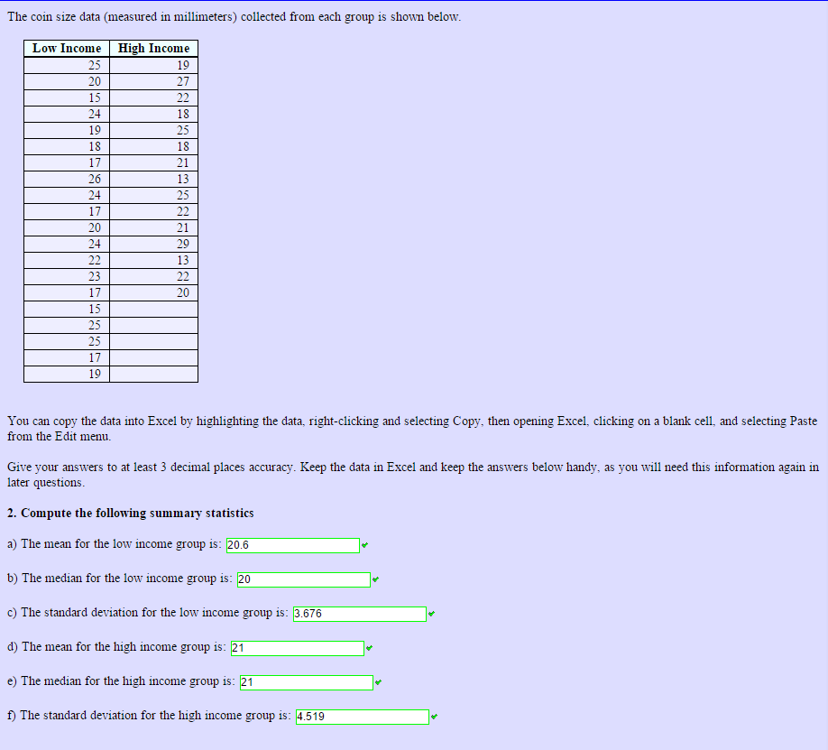 The coin size data (measured in millimeters)