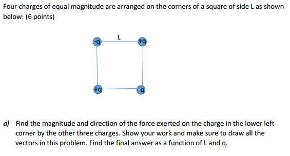 Solved Four charges of equal magnitude are arranged on the | Chegg.com