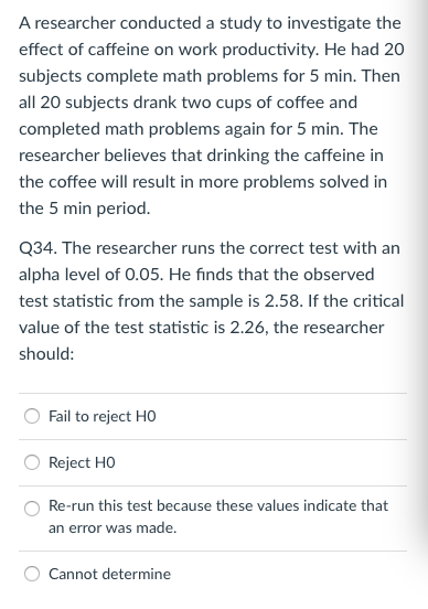 Solved A researcher conducted a study to investigate the | Chegg.com