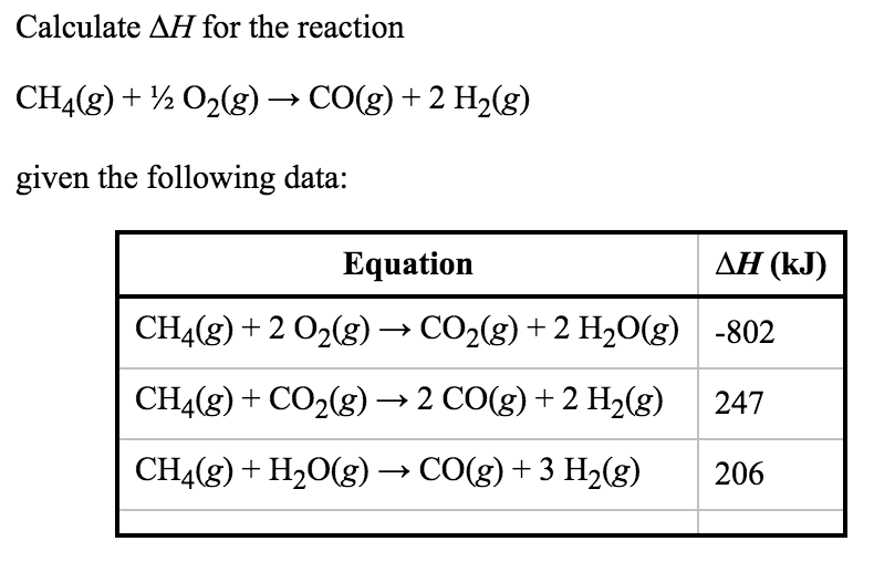 Solved Calculate AH for the reaction CH4(g) + ½ O2(g) → | Chegg.com