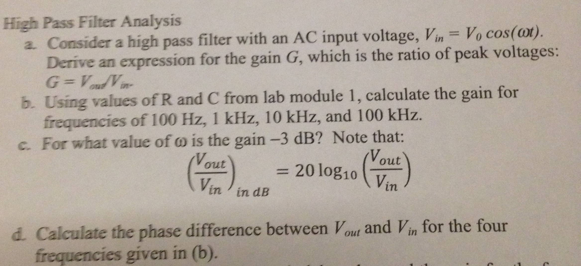 Solved High Pass Filter Analysis a. Consider a high pass | Chegg.com