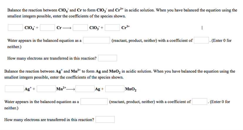 Solved Balance the reaction between CIO, and Cr to form CIO3 | Chegg.com