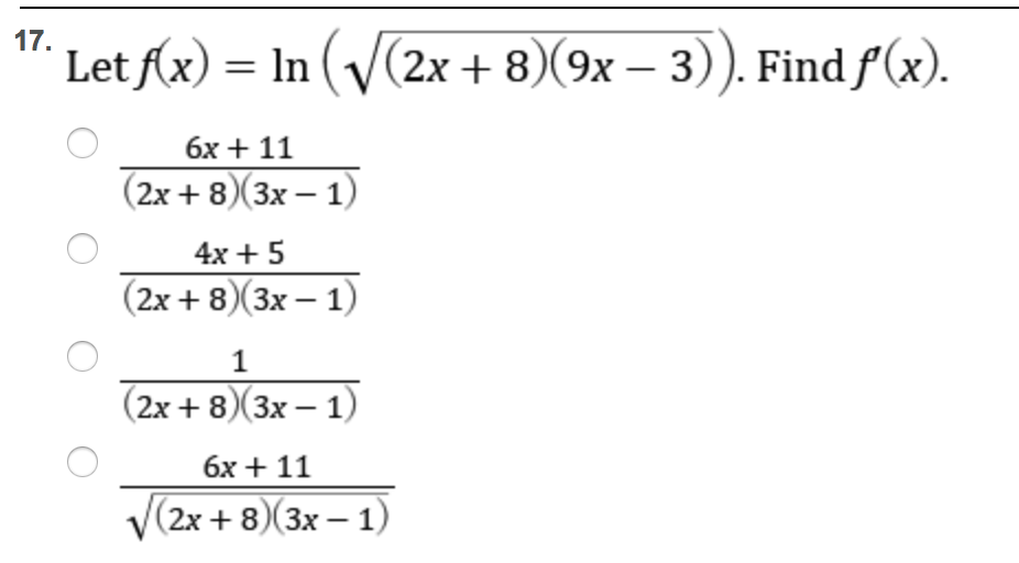 Solved 17. Letf(x) = ln ( (2x + 8)(9-3)). Find r(x) 6x 11 | Chegg.com