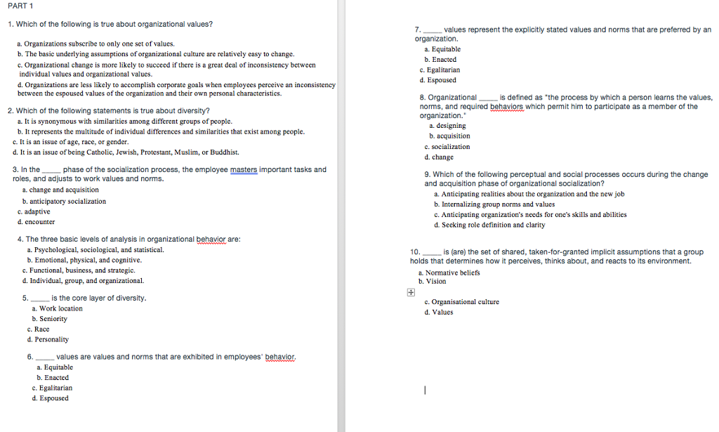 Which Of The Following Is True Of Culture? Solved: PART 1 1. Which Of The Following Is True About Org... | Chegg.com