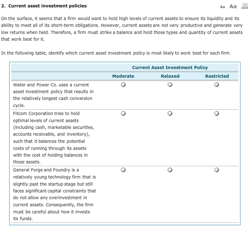 Solved 2. Current asset investment policies Aa Aa On the | Chegg.com