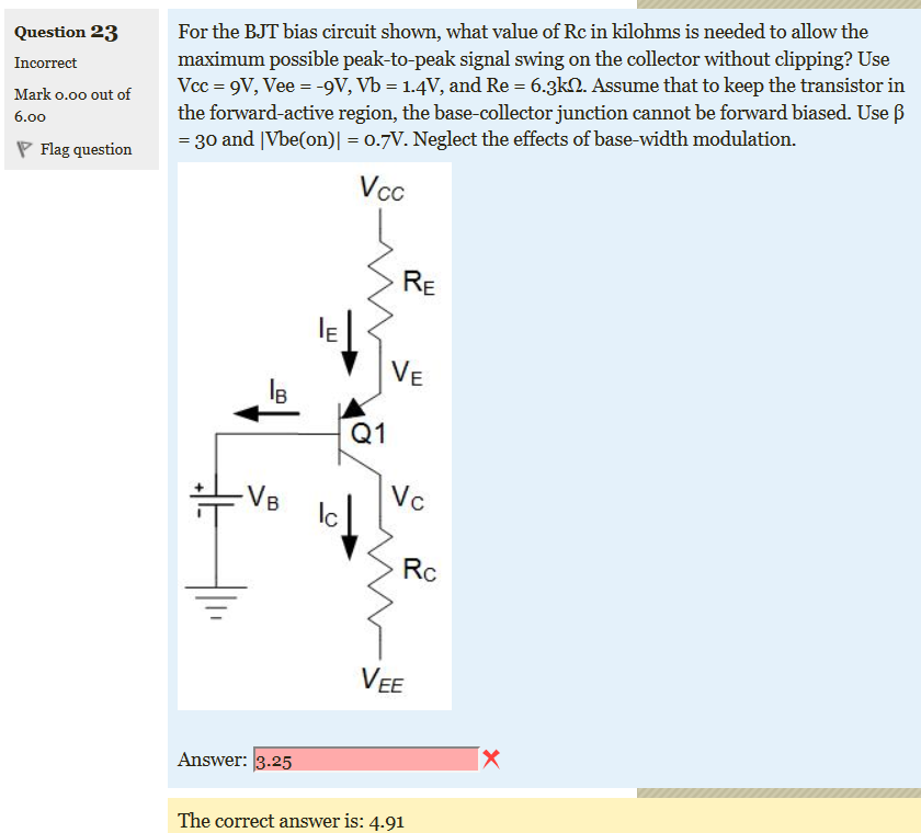 Solved For the BJT bias circuit shown, what value of Rc in