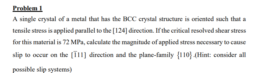 Solved Problem 1 A single crystal of a metal that has the | Chegg.com