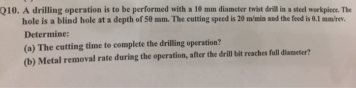 Solved A drilling operation is to be performed with a 10 mm | Chegg.com
