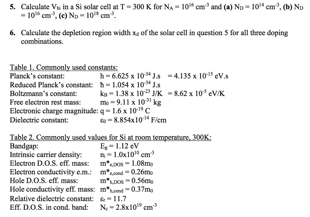 Solved 5. Calculate Vis in a Si solar cell at T-300 K for | Chegg.com