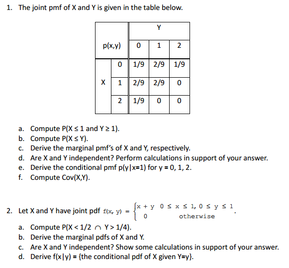 Solved 1. The joint pmf of Xand Y is given in the table | Chegg.com