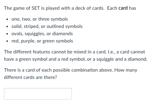 Solved The game of SET is played with a deck of cards. Each | Chegg.com