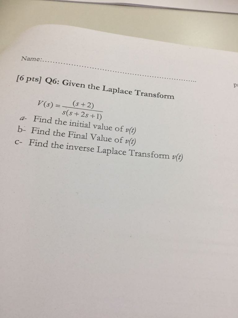 Solved Name Pa 6 Pts Q6 Given The Laplace Transform 7 s Chegg