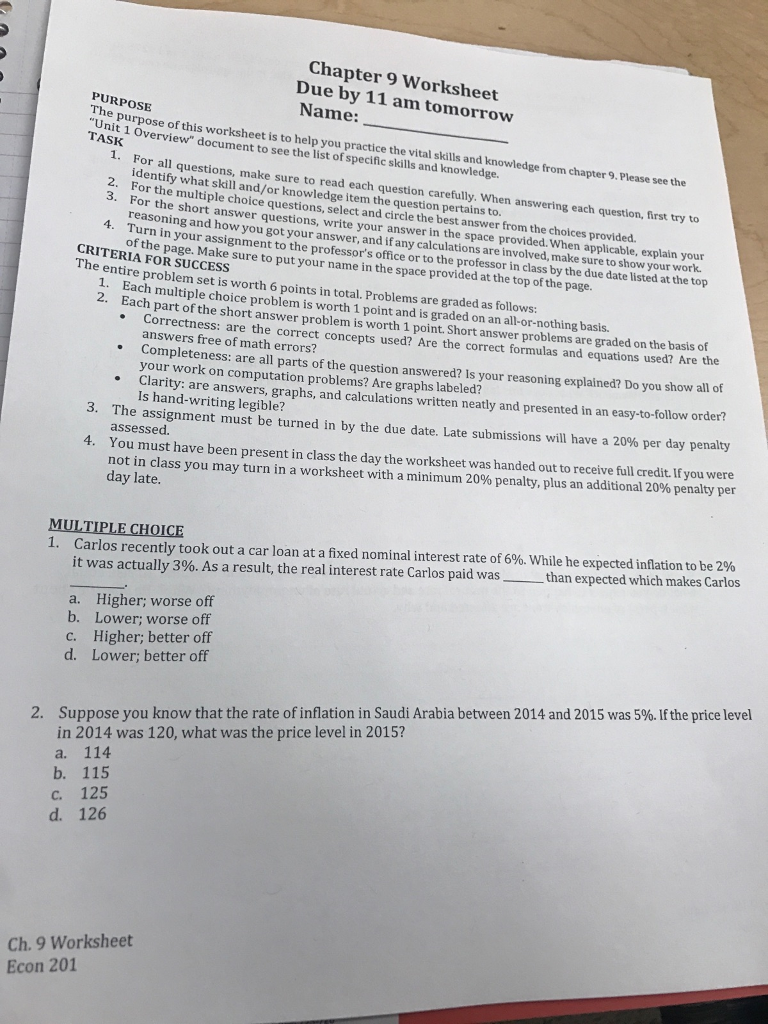 Solved Chapter 9 Worksheet Due by 11 am tomorrow Name: | Chegg.com