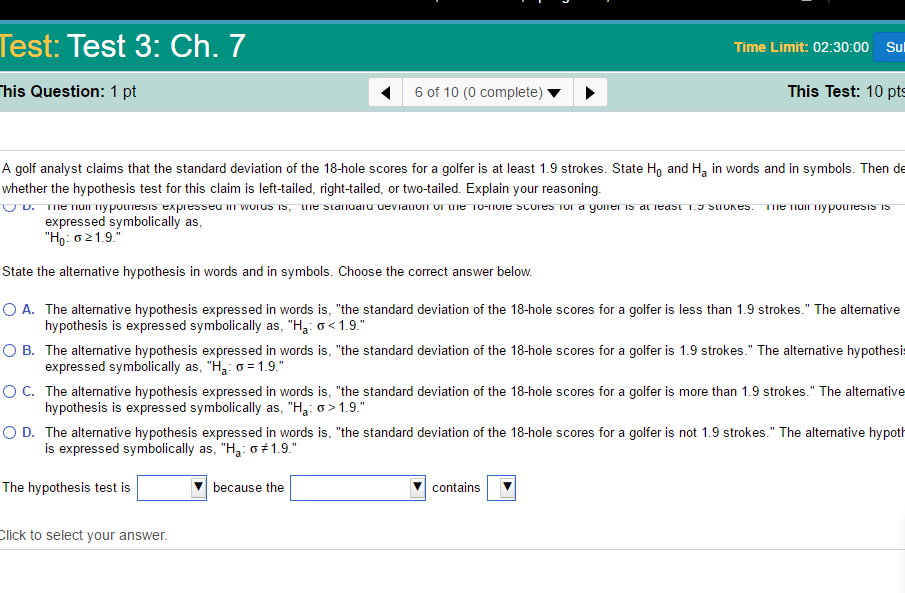 Solved A golf analyst claims that the standard deviation of