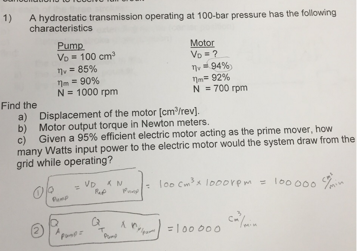 Solved A hydrostatic transmission operating at 100bar