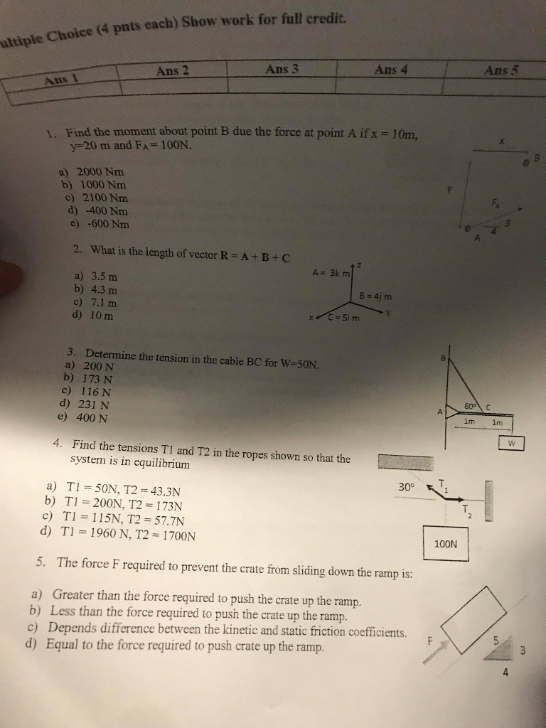 Solved ultiple Choice (4 pnts each) Show work for full | Chegg.com