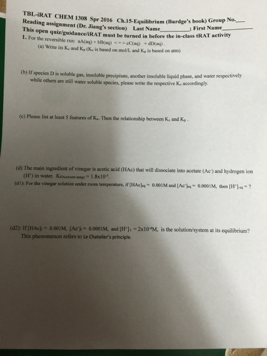 Solved TBL iRAT CHEM 130s Spr 2016 Ch.15Equilibrium ge's | Chegg.com