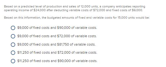 Solved Based On A Predicted Level Of Production And Sales Of | Chegg.com