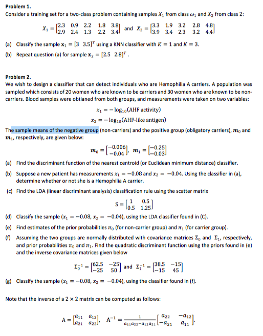 Problem 1 Consider a training set for a two-class | Chegg.com