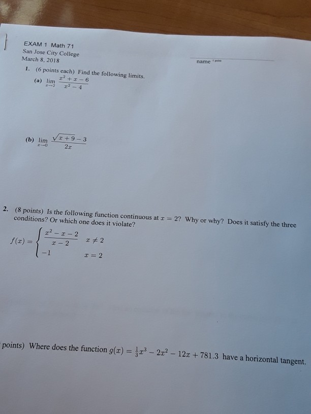 Solved EXAM 1 Math 71 San Jose City College March 8, 2018 | Chegg.com