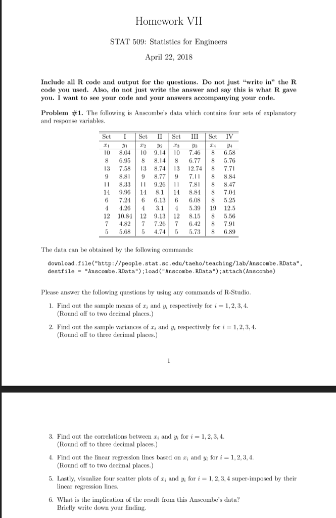 Solved Homework VII STAT 509: Statistics for Engineers April | Chegg.com