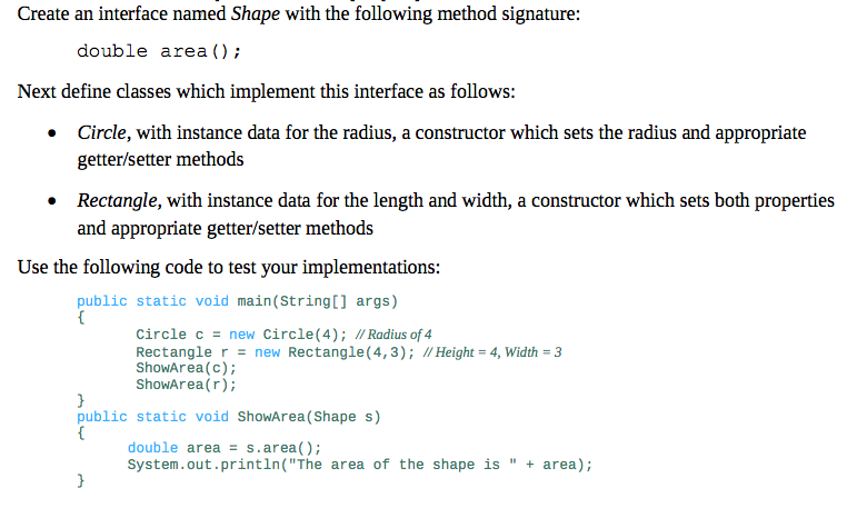 Solved Create an interface named Shape with the following | Chegg.com