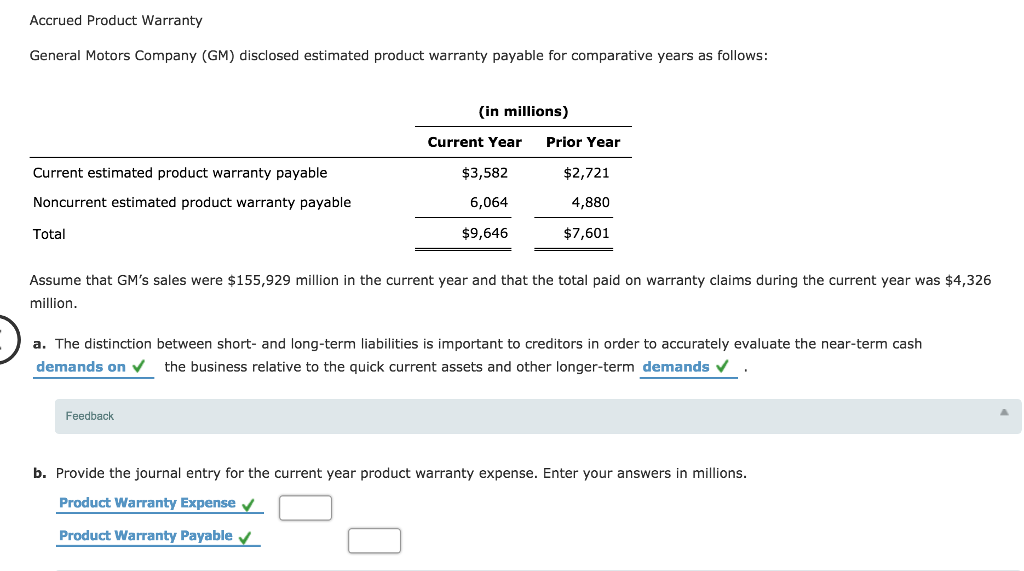 Solved Accrued Product Warranty General Motors Company (GM)