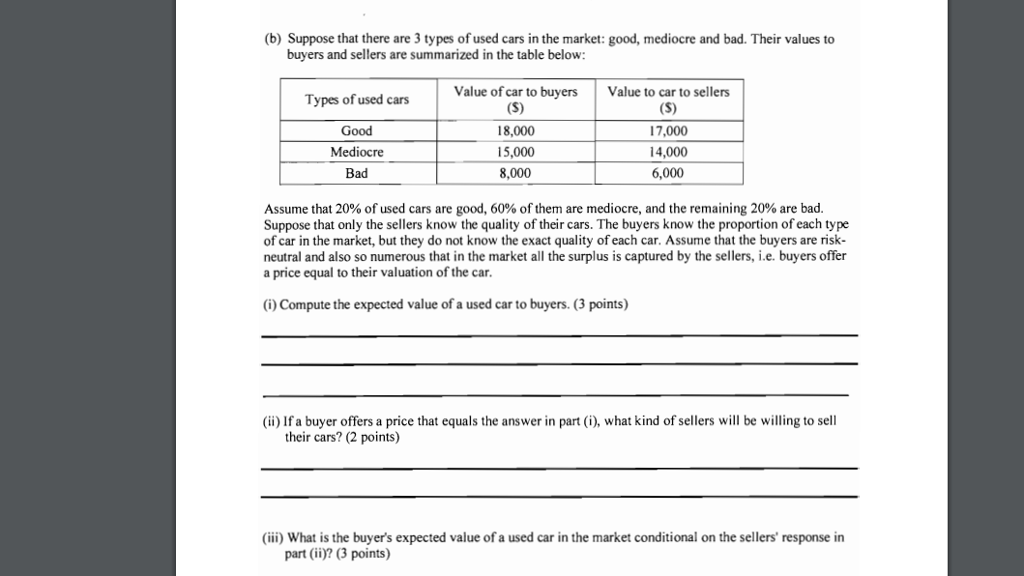 Solved B Suppose That There Are 3 Types Of Used Cars In Chegg Solved B Suppose That There Are 3 Types Of Used Cars In Chegg