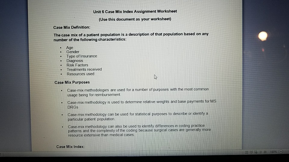 Solved Unit 6 Case Mix Index Assignment Worksheet (Use this