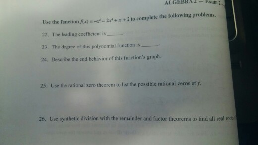 Solved ALGEBRA 2-Exam 2 Use the function )-2++2 to complete | Chegg.com