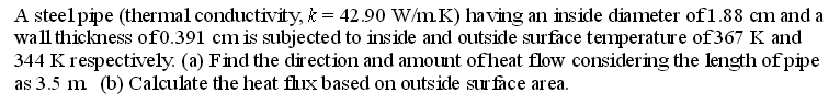 Solved A steel pipe (thermal conductivity, k = 42.90 W/mK) | Chegg.com