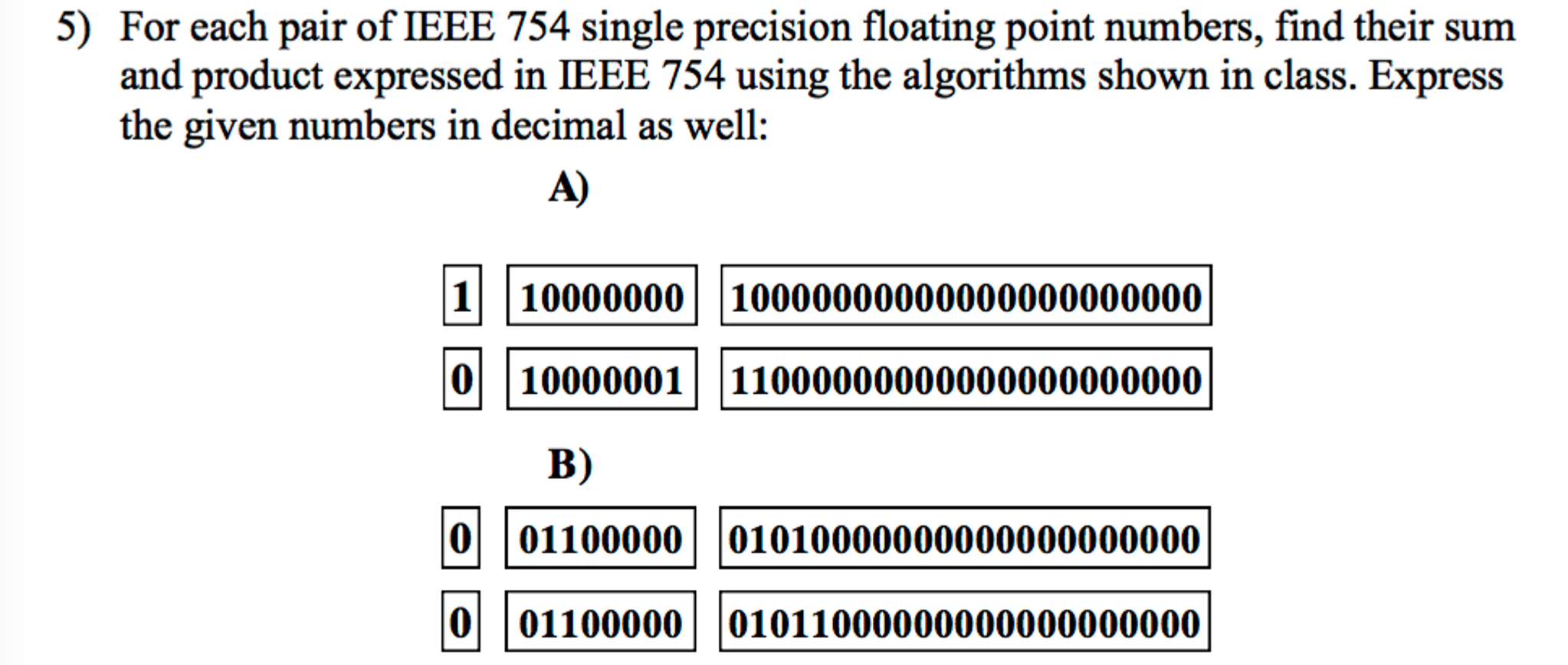 Solved For each pair of IEEE 754 single precision floating | Chegg.com