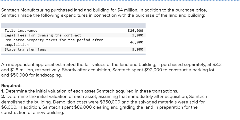 Solved Samtech Manufacturing purchased land and building for