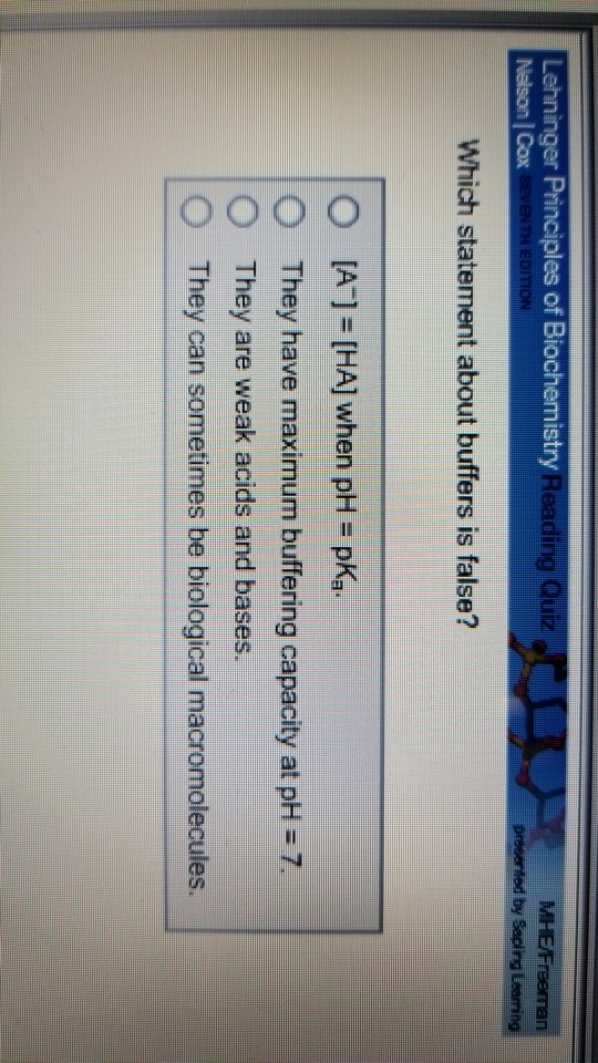 Solved Which statement about buffers is false? [A^-] = [HA] | Chegg.com