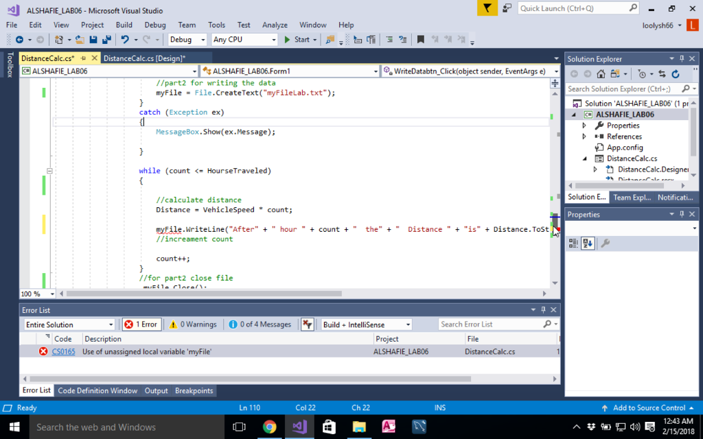 Solved ALSHAFIE-LAB06-Microsoft Visual Studio て Quick Launch | Chegg.com