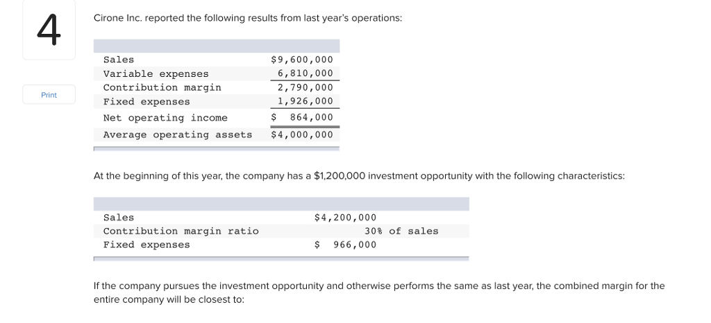 Solved 4 Cirone Inc. reported the following results from | Chegg.com