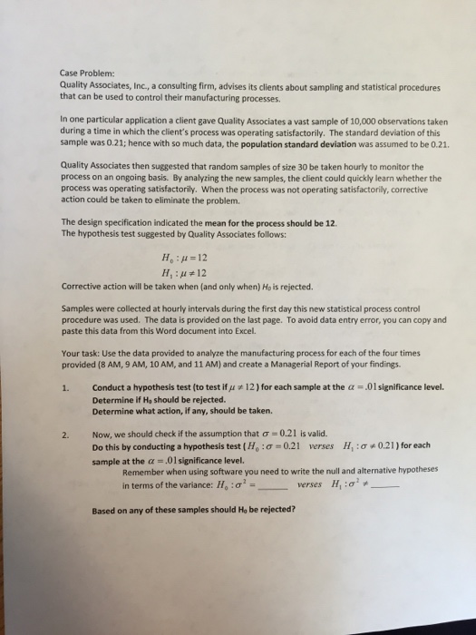 Solved Case Problem Quality Associates Inc A Consulting Chegg