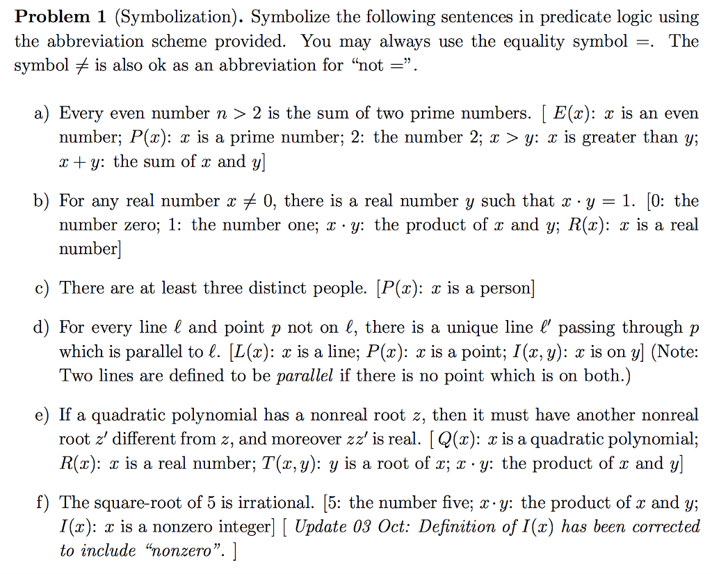 Symbolize the following sentences in predicate logic | Chegg.com