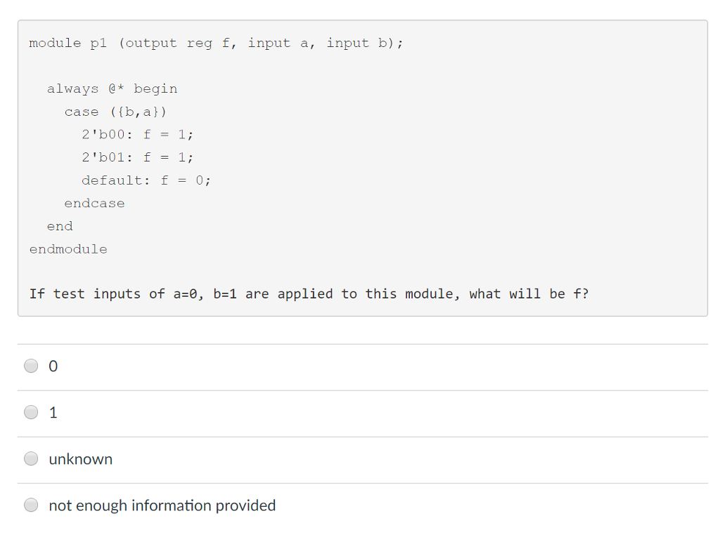 Solved Module P1 (output Reg F, Input A, Input B): Always | Chegg.com